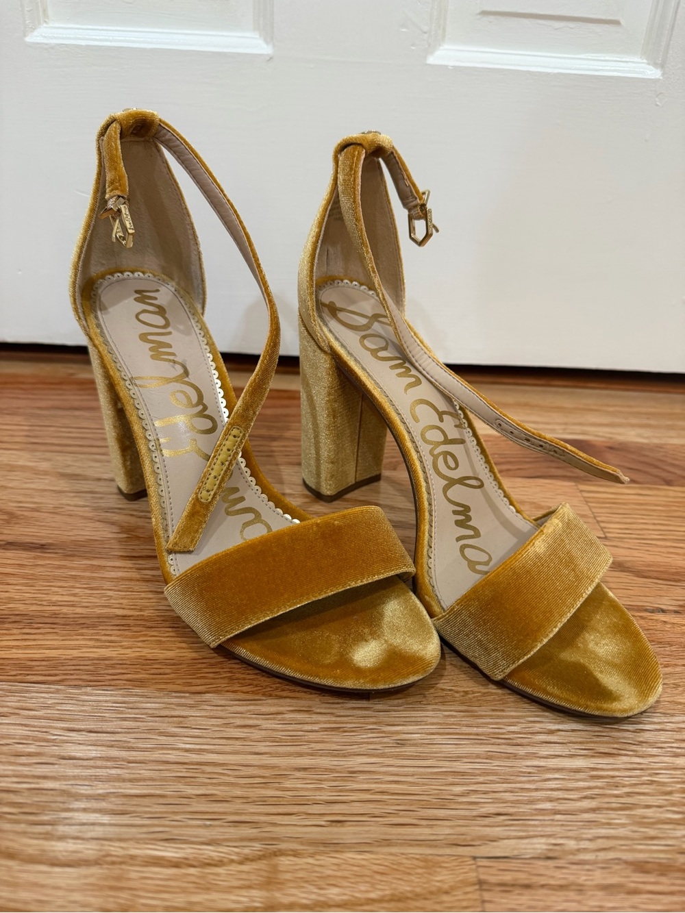 Sam Edelman Velvet Ankle-Strap Block Heels in Mustard Gold